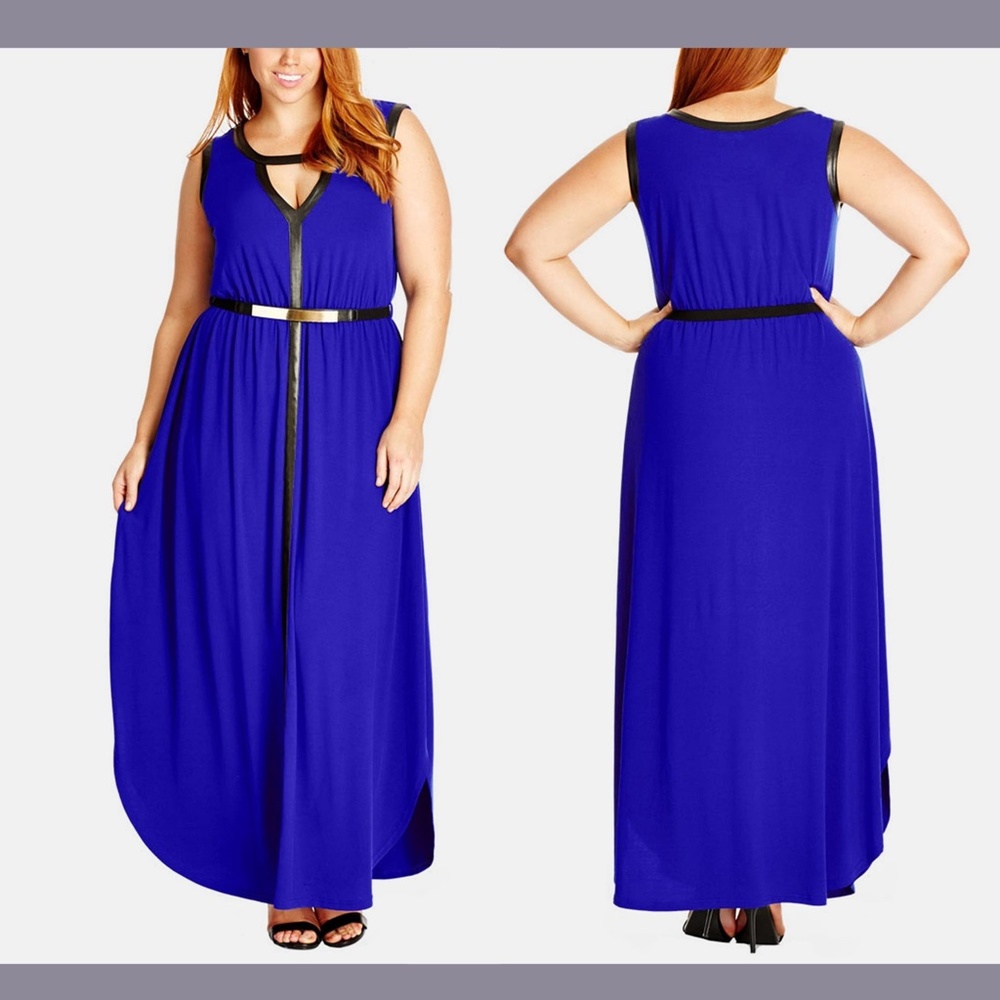 NEW City Chic Grecian Faux Leather Trim‎ Keyhole Maxi Dress Blue [ L / 20 ]
